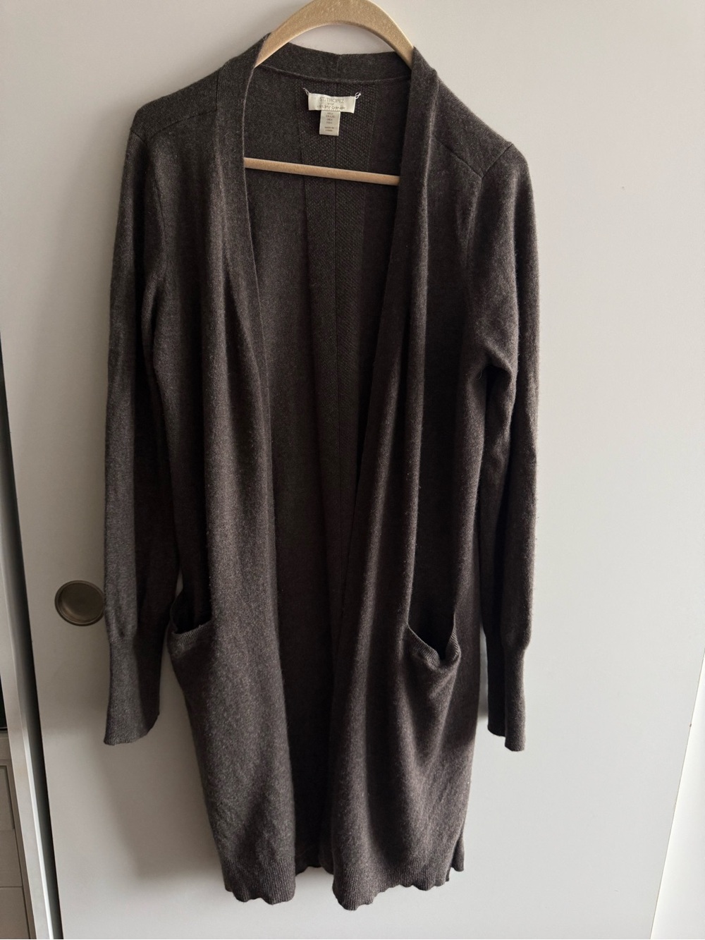 St. Tropez Dark Brown Open-Front Long Cardigan 100 cashmere